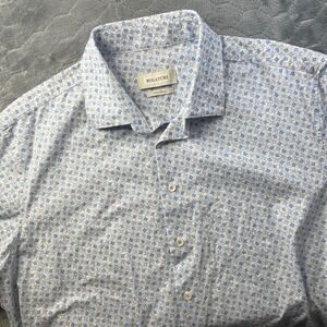 Bugatchi Button Front Shirt XL Air Blue 8-Way Stretch Geometric Short Sleeve
